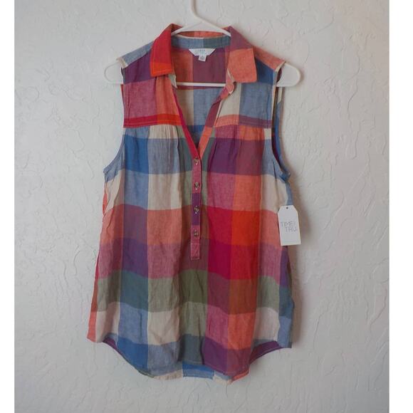 Time True Multicolor Plaid Button Up Shirt Sleeveless NWT Women 4 High Low Hem - Picture 1 of 4